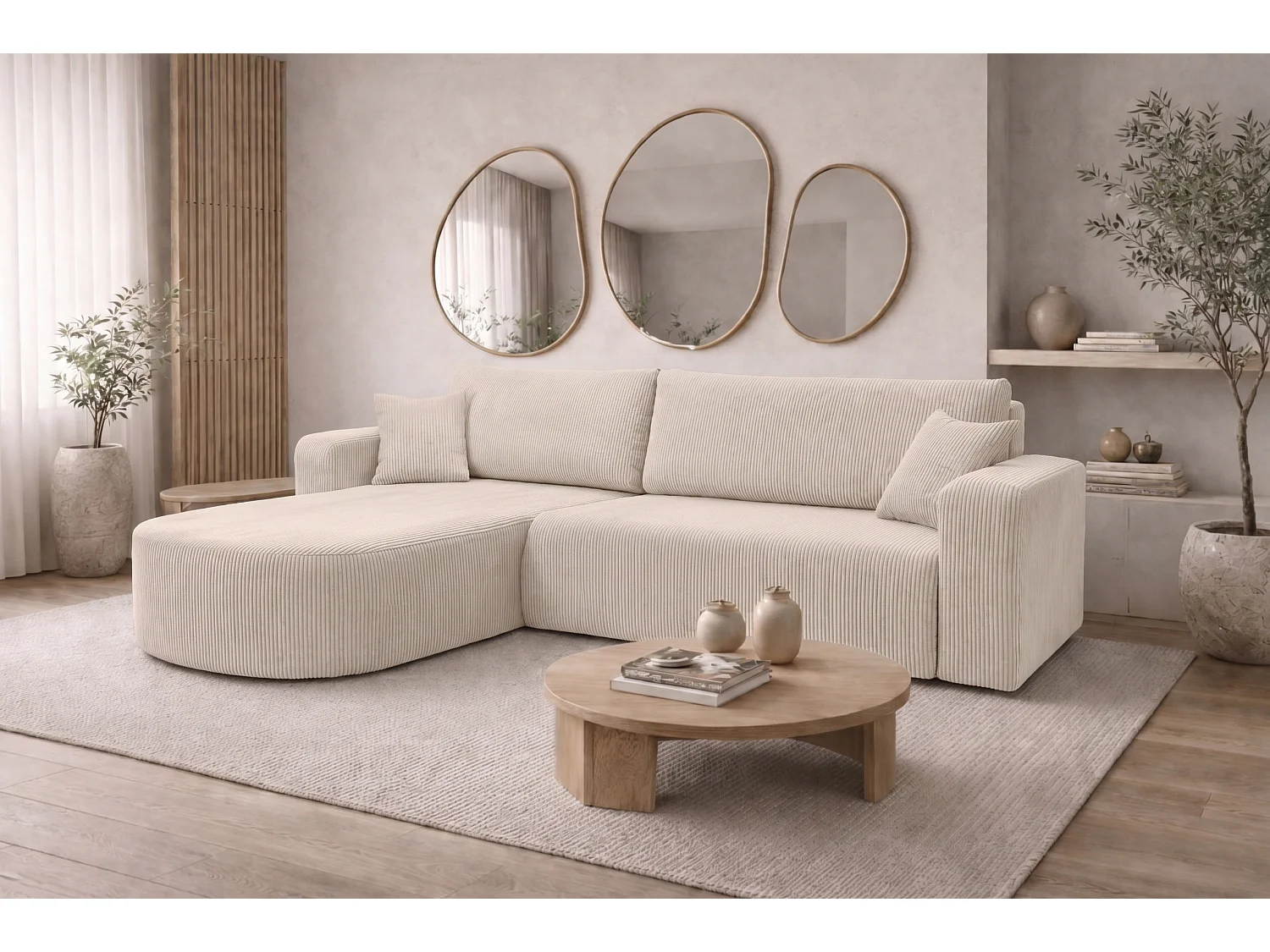 Hoekbank met slaapfunctie, koordstof Poso, Beige, Links, ROUND ONE XL