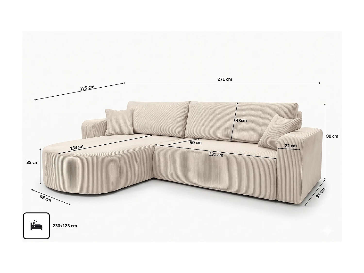 Hoekbank met slaapfunctie, koordstof Poso, Beige, Links, ROUND ONE XL