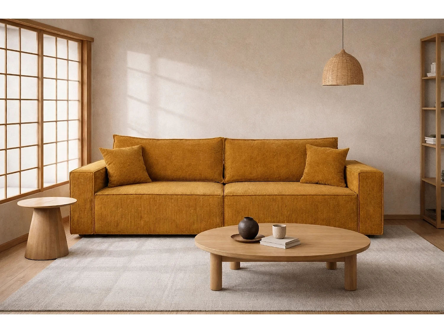 Canapé avec fonction couchage et coffre de rangement, tissu en velours côtelé Poso, Couleur moutarde, BEST SCORNER