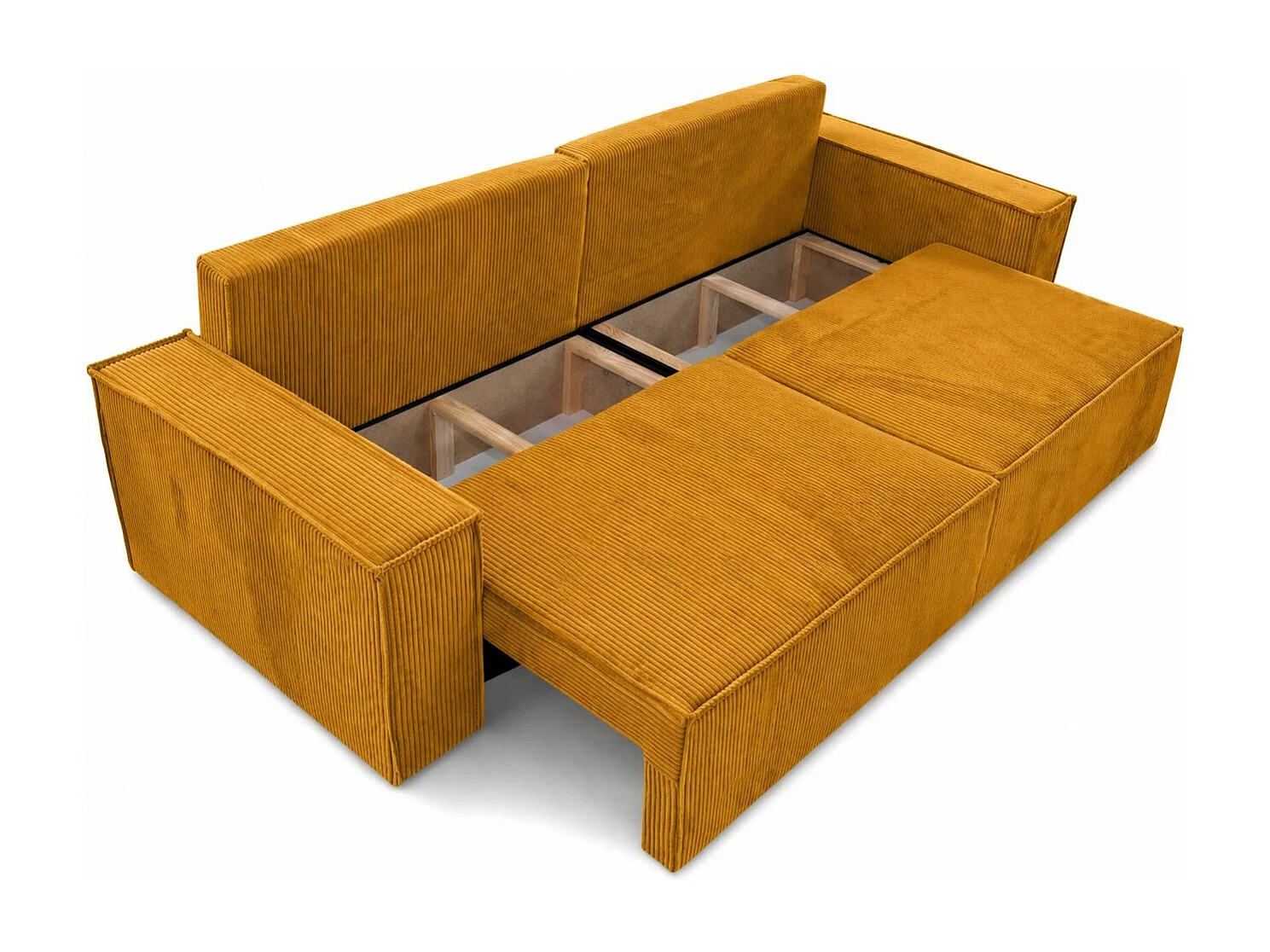 Canapé avec fonction couchage et coffre de rangement, tissu en velours côtelé Poso, Couleur moutarde, BEST SCORNER