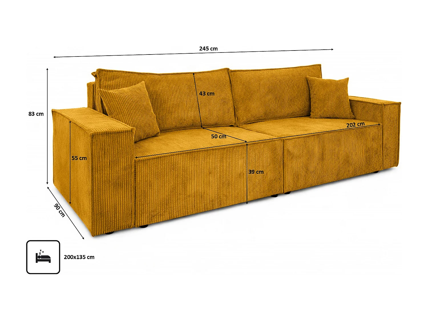Canapé avec fonction couchage et coffre de rangement, tissu en velours côtelé Poso, Couleur moutarde, BEST SCORNER