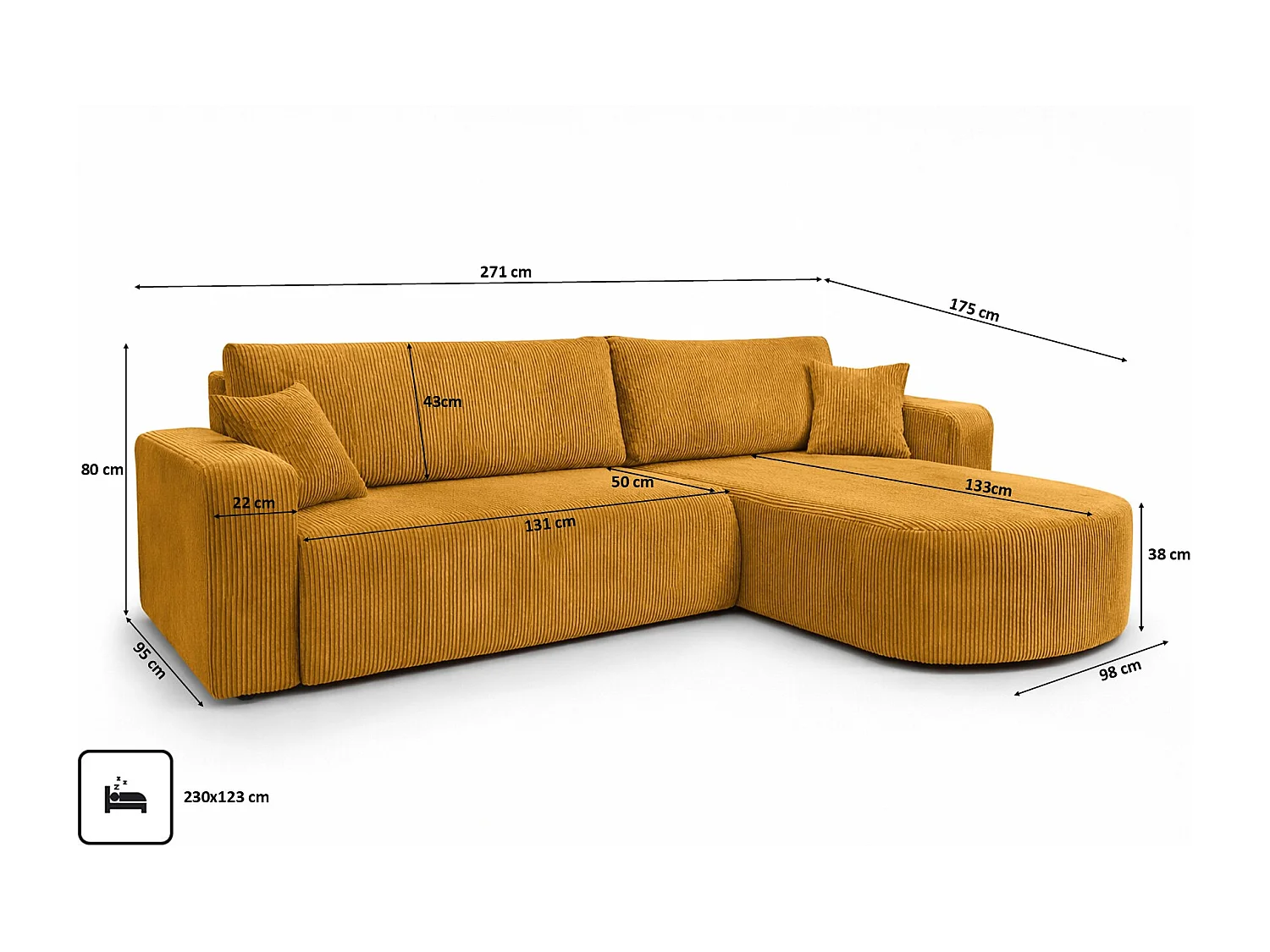 Hoekbank met slaapfunctie, koordstof Poso, Mosterdkleurig, Rechts, ROUND ONE XL