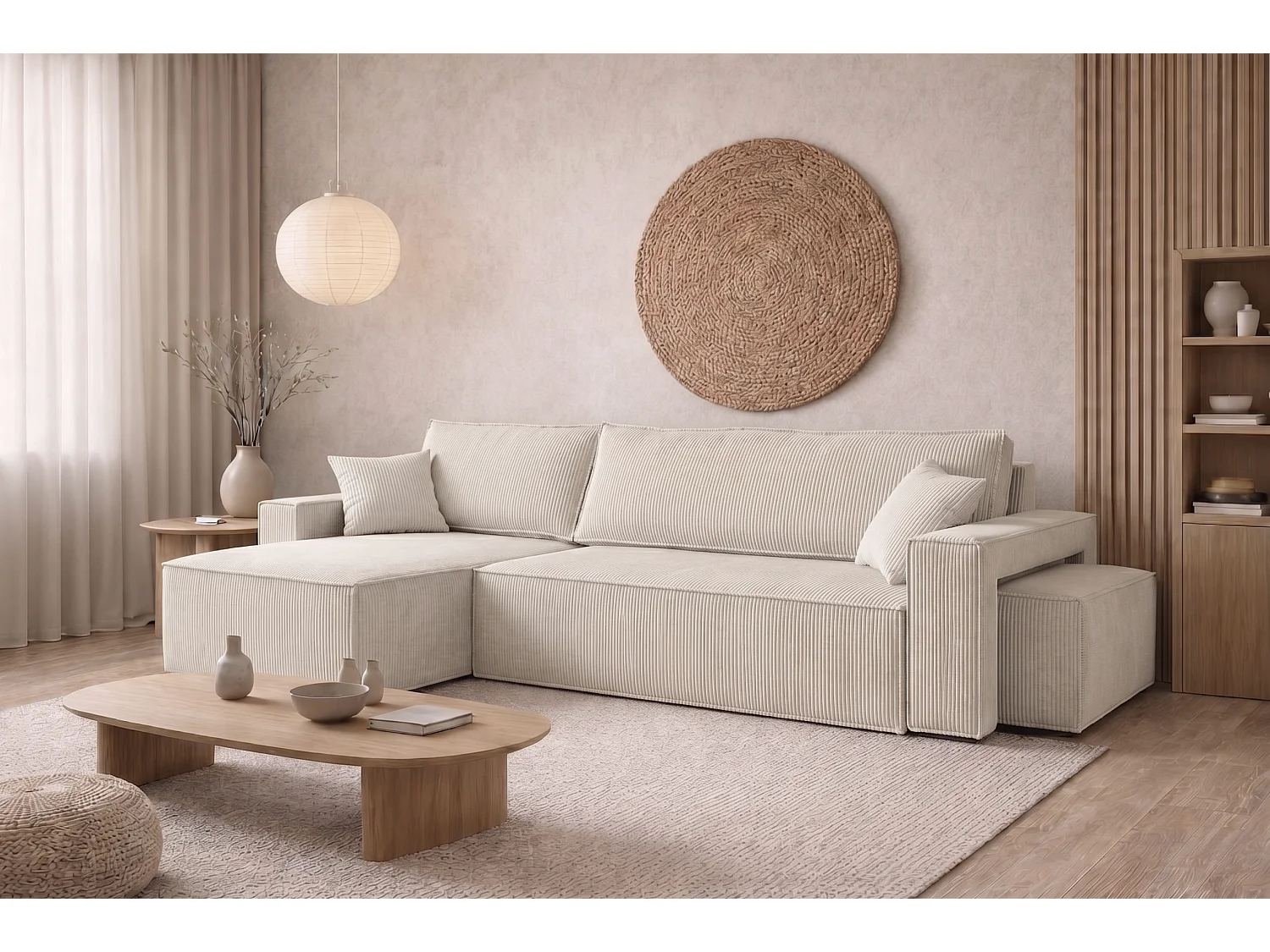 Hoekbank met slaapfunctie en poef, koordstof Poso, Beige, Links, BEST L met poef