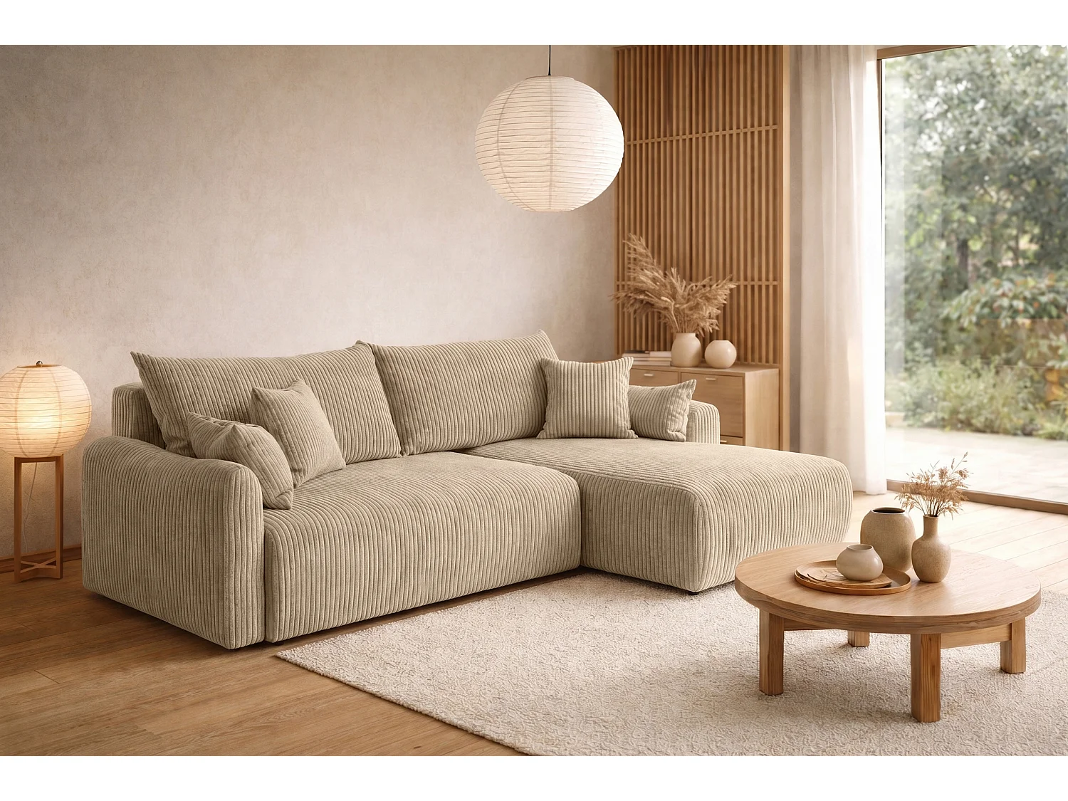 Canapé d’angle avec fonction couchage, tissu en velours côtelé Poso, Beige foncé, Droite, JAPANDI