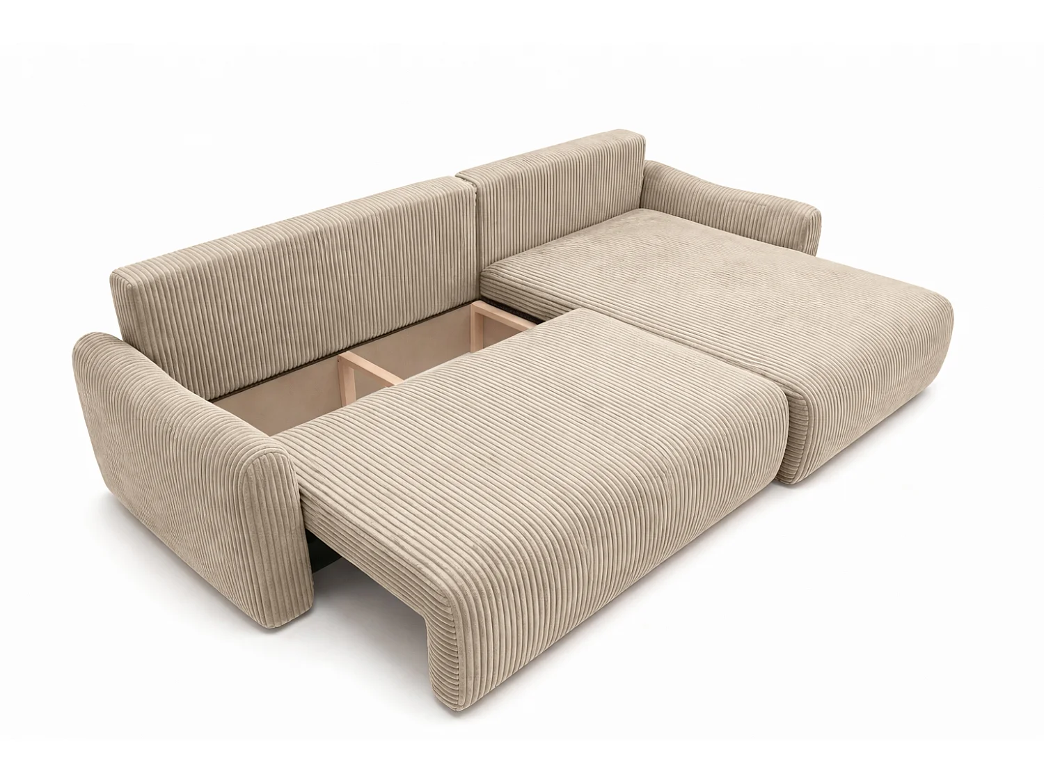 Canapé d’angle avec fonction couchage, tissu en velours côtelé Poso, Beige foncé, Droite, JAPANDI