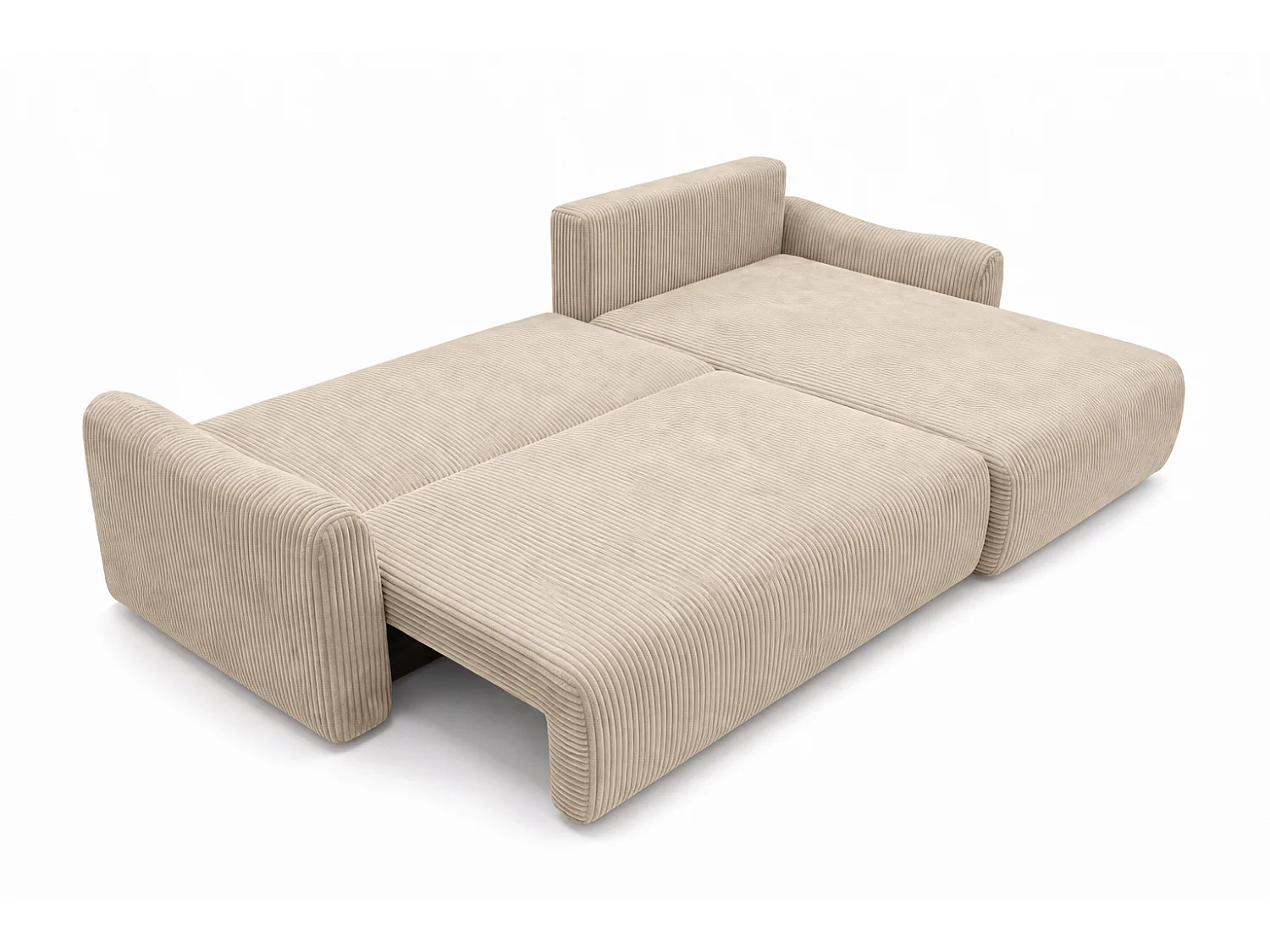 Canapé d’angle avec fonction couchage, tissu en velours côtelé Poso, Beige foncé, Droite, JAPANDI
