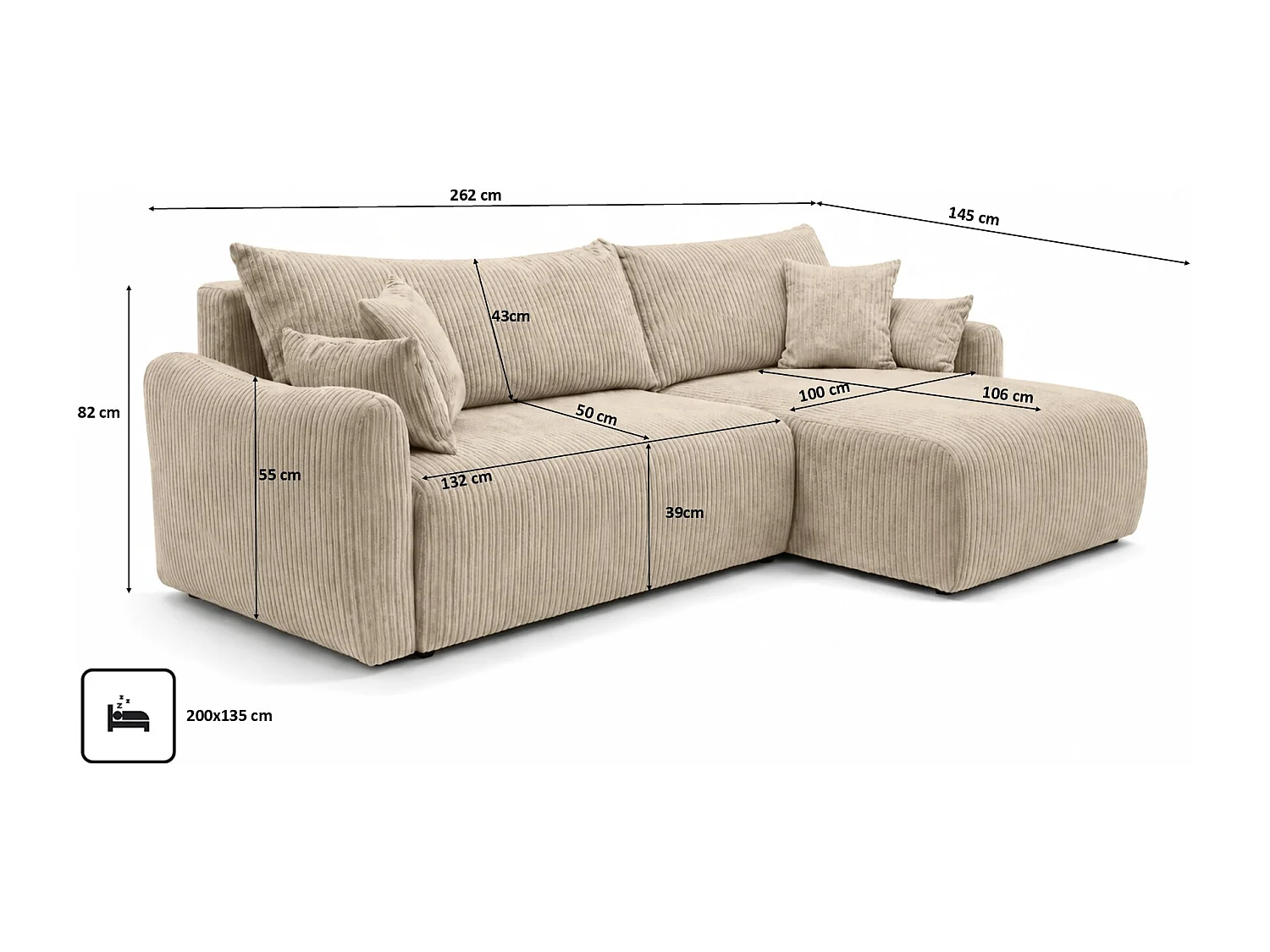 Canapé d’angle avec fonction couchage, tissu en velours côtelé Poso, Beige foncé, Droite, JAPANDI