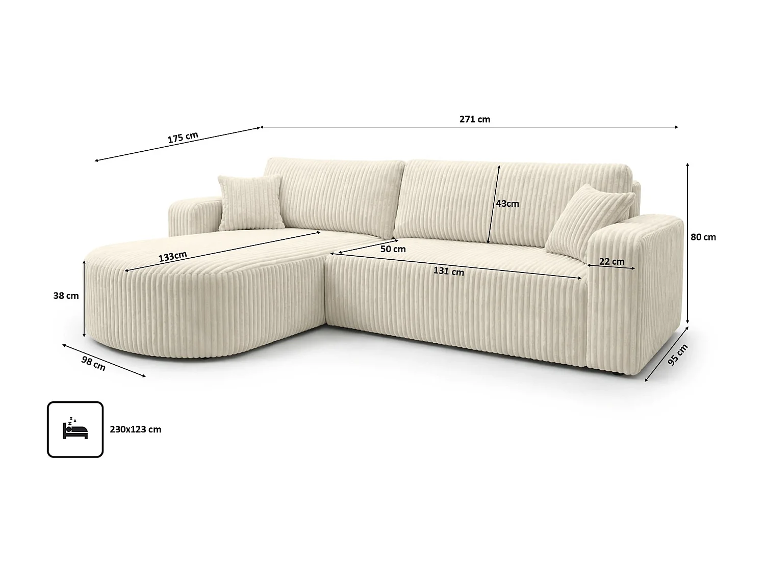Hoekbank met slaapfunctie, koordstof Tilia, Ecru, Links, ROUND ONE XL