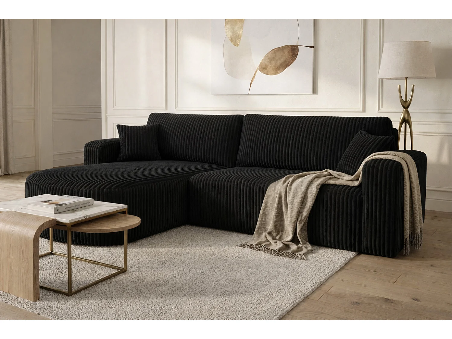Hoekbank met slaapfunctie, koordstof Tilia, Zwart, Links, ROUND ONE XL