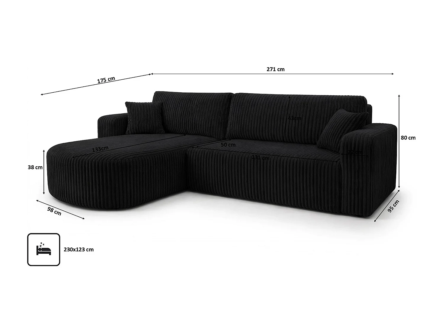 Hoekbank met slaapfunctie, koordstof Tilia, Zwart, Links, ROUND ONE XL