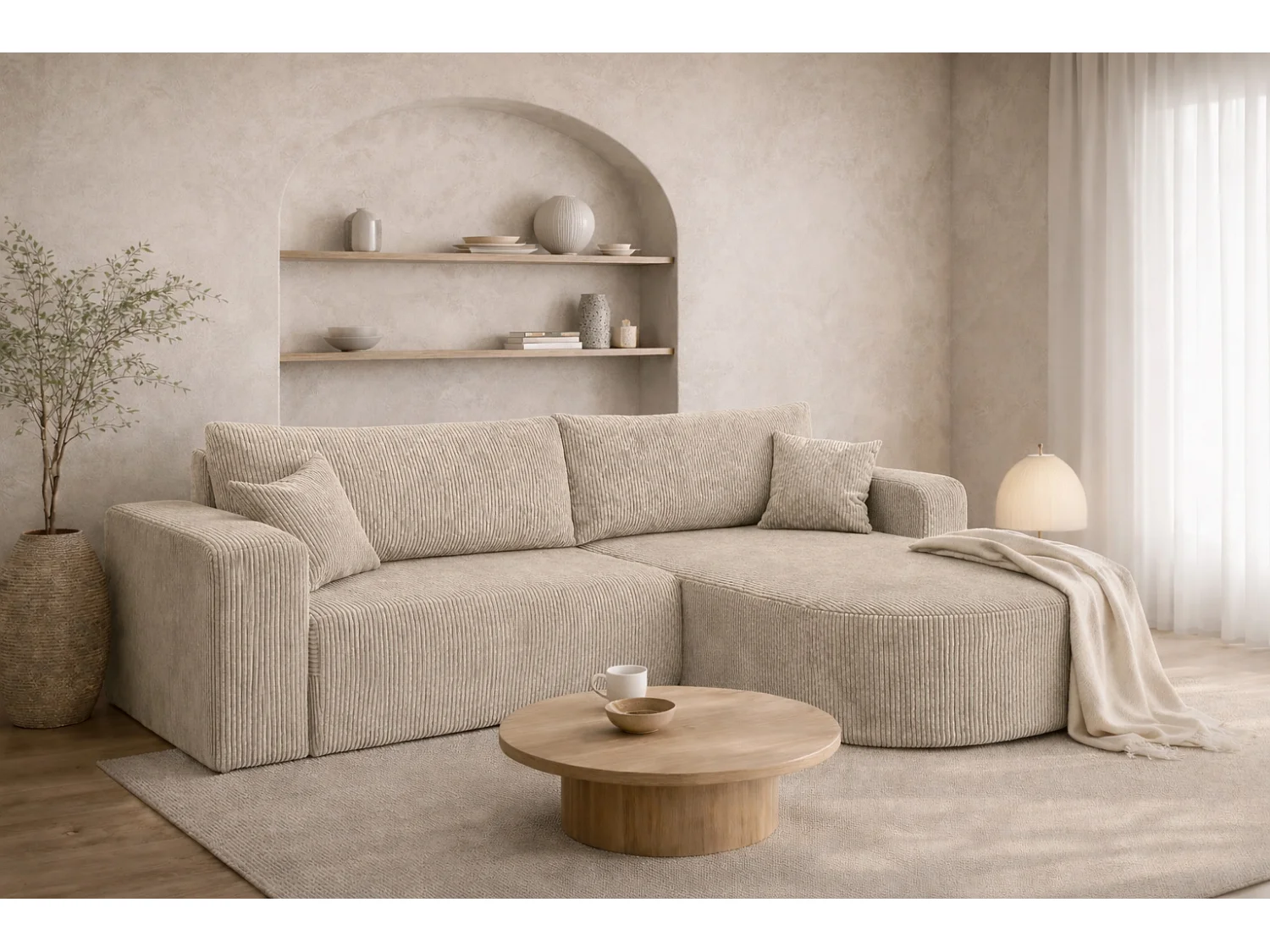 Canapé d’angle avec fonction couchage, tissu en velours côtelé Poso, Beige foncé, Droite, ROUND ONE