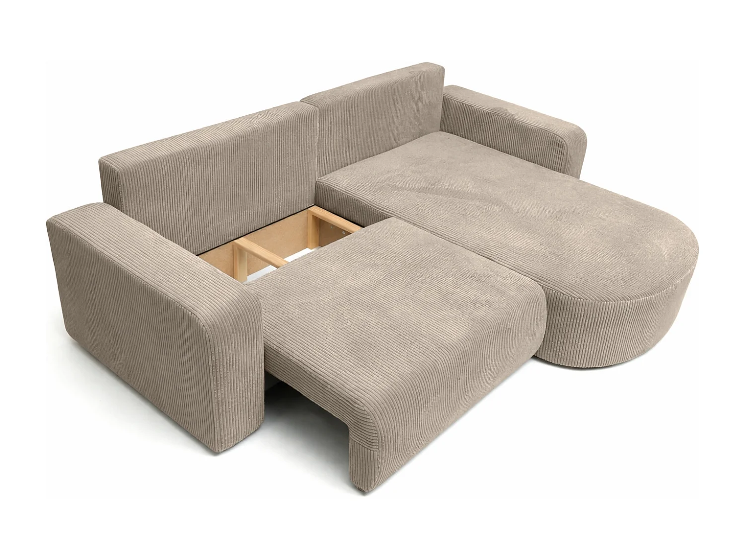Canapé d’angle avec fonction couchage, tissu en velours côtelé Poso, Beige foncé, Droite, ROUND ONE