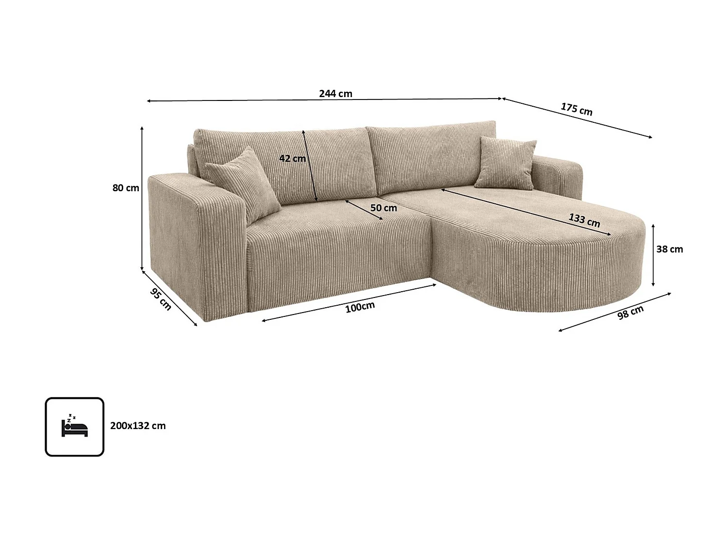 Canapé d’angle avec fonction couchage, tissu en velours côtelé Poso, Beige foncé, Droite, ROUND ONE