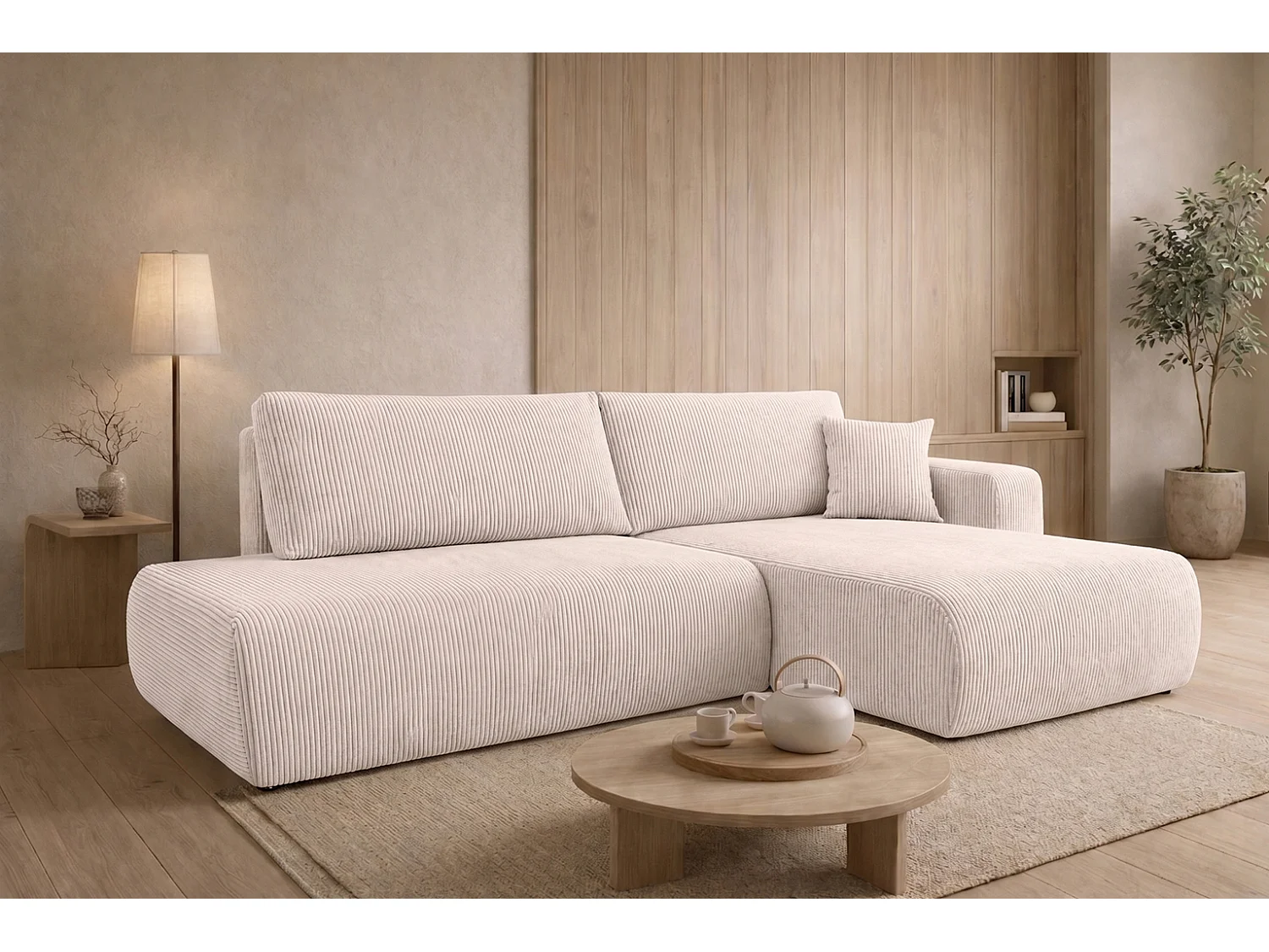 Canapé d’angle avec fonction couchage et coffre de rangement, tissu en velours côtelé Poso, Beige, Droite, OPEN XL