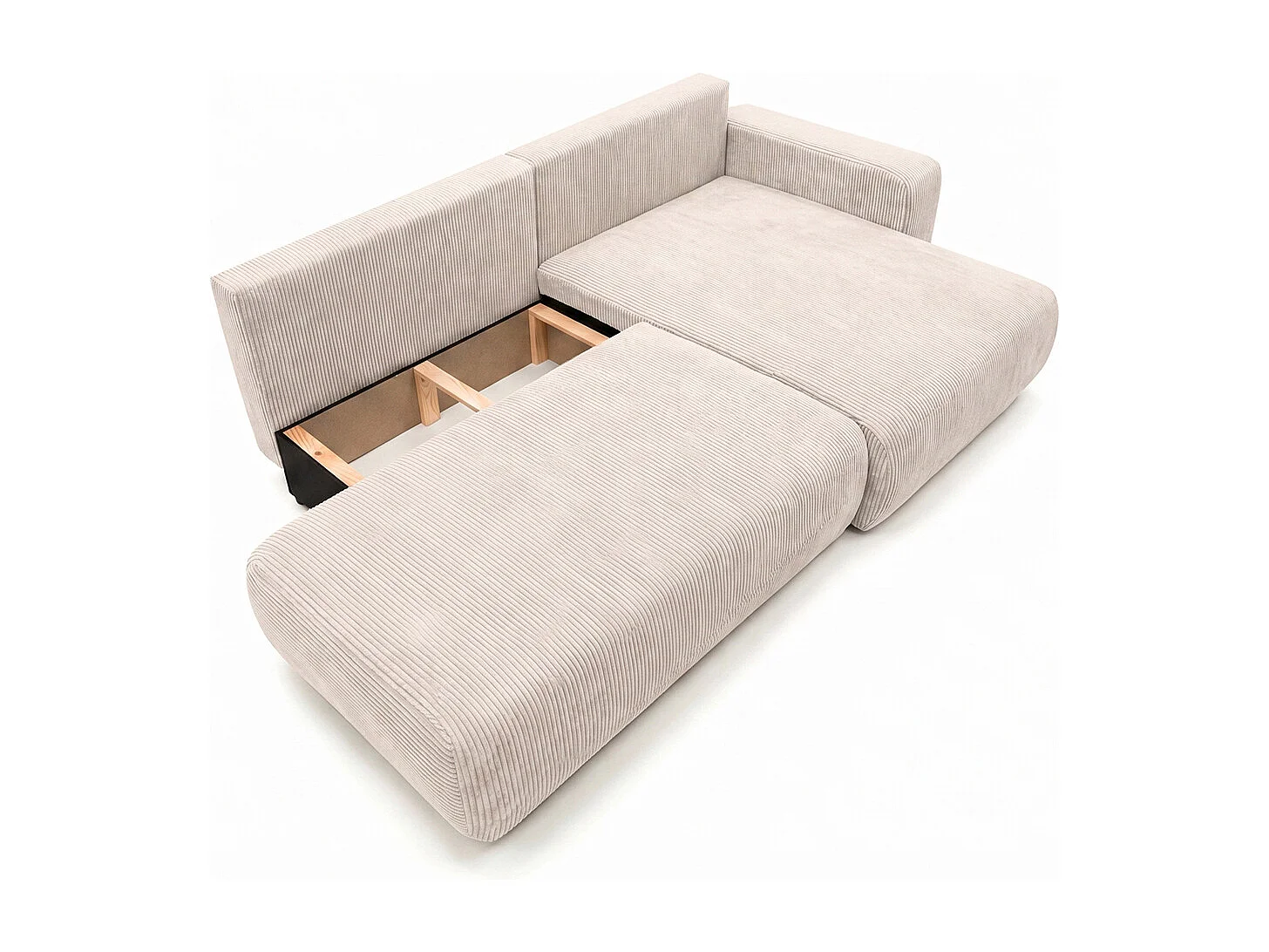 Canapé d’angle avec fonction couchage et coffre de rangement, tissu en velours côtelé Poso, Beige, Droite, OPEN XL