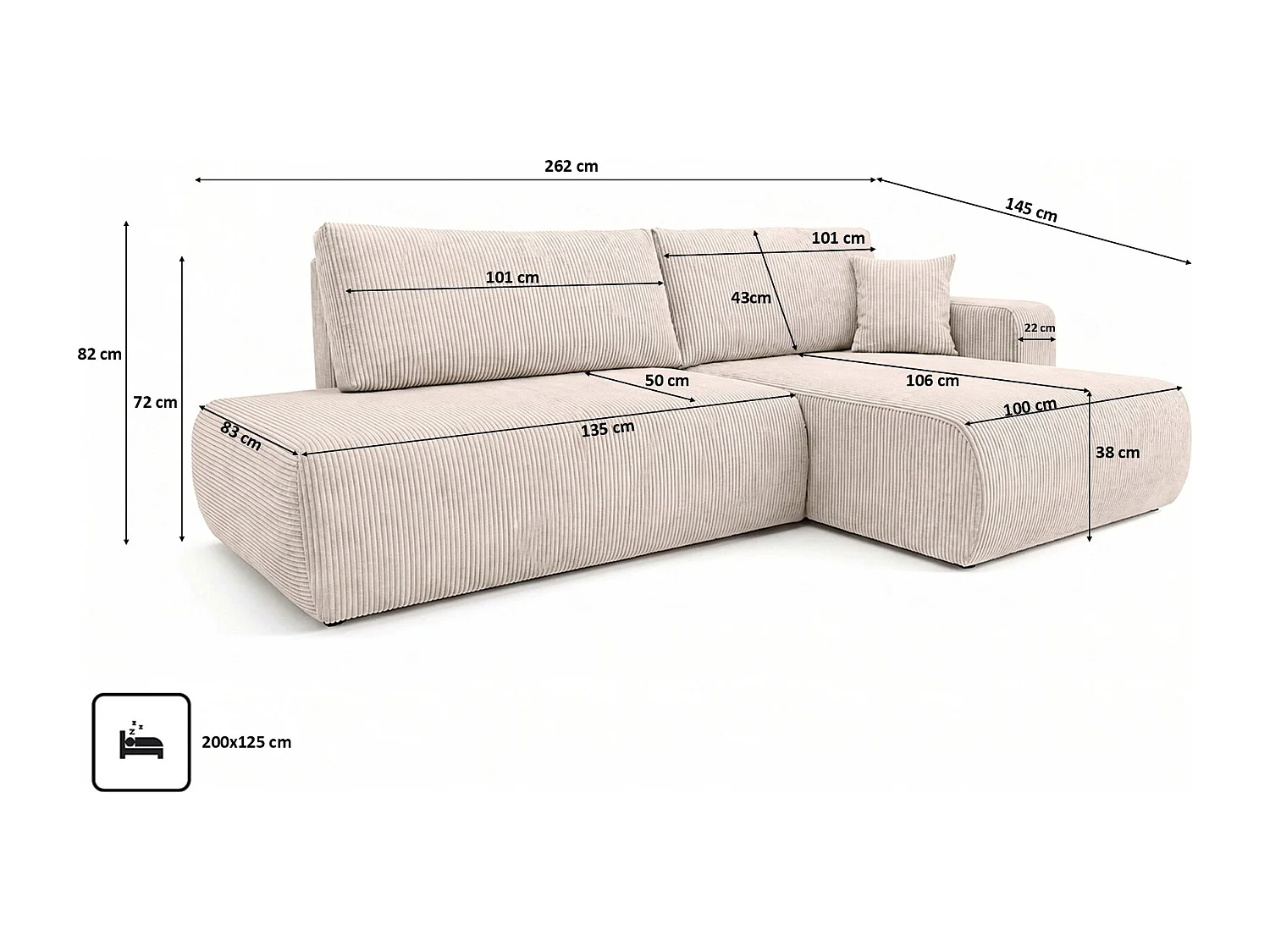 Canapé d’angle avec fonction couchage et coffre de rangement, tissu en velours côtelé Poso, Beige, Droite, OPEN XL