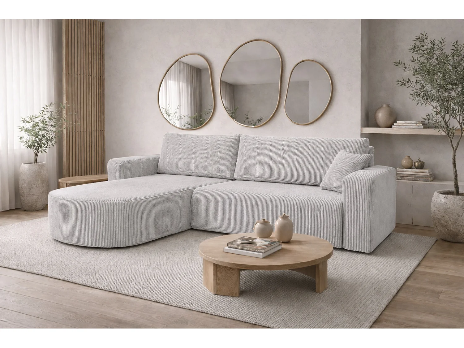 Hoekbank met slaapfunctie, koordstof Poso, Lichtgrijs, Links, ROUND ONE XL