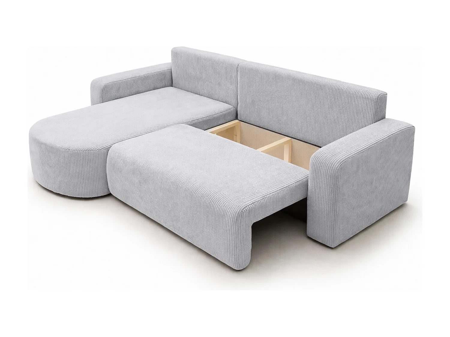 Hoekbank met slaapfunctie, koordstof Poso, Lichtgrijs, Links, ROUND ONE XL