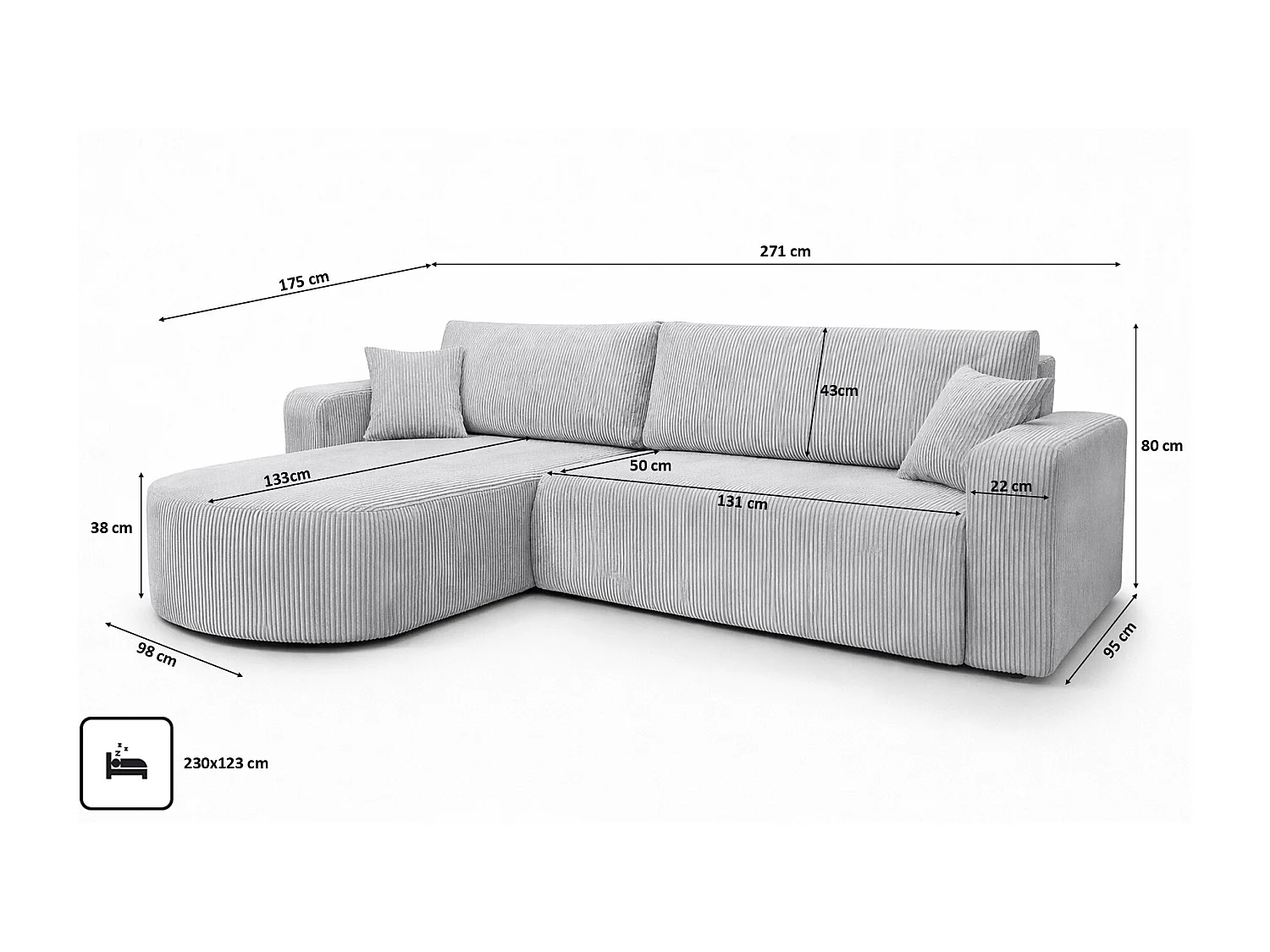 Hoekbank met slaapfunctie, koordstof Poso, Lichtgrijs, Links, ROUND ONE XL