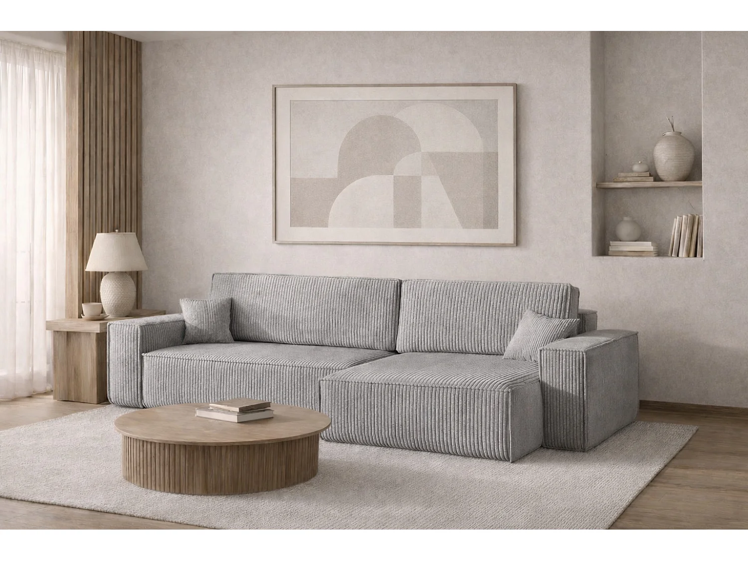 Canapé d’angle en L avec fonction couchage et coffre de rangement, tissu Poso velours côtelé épais, Gris, Droite, BEST XL