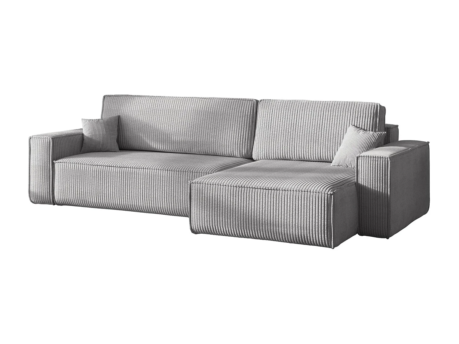Canapé d’angle en L avec fonction couchage et coffre de rangement, tissu Poso velours côtelé épais, Gris, Droite, BEST XL