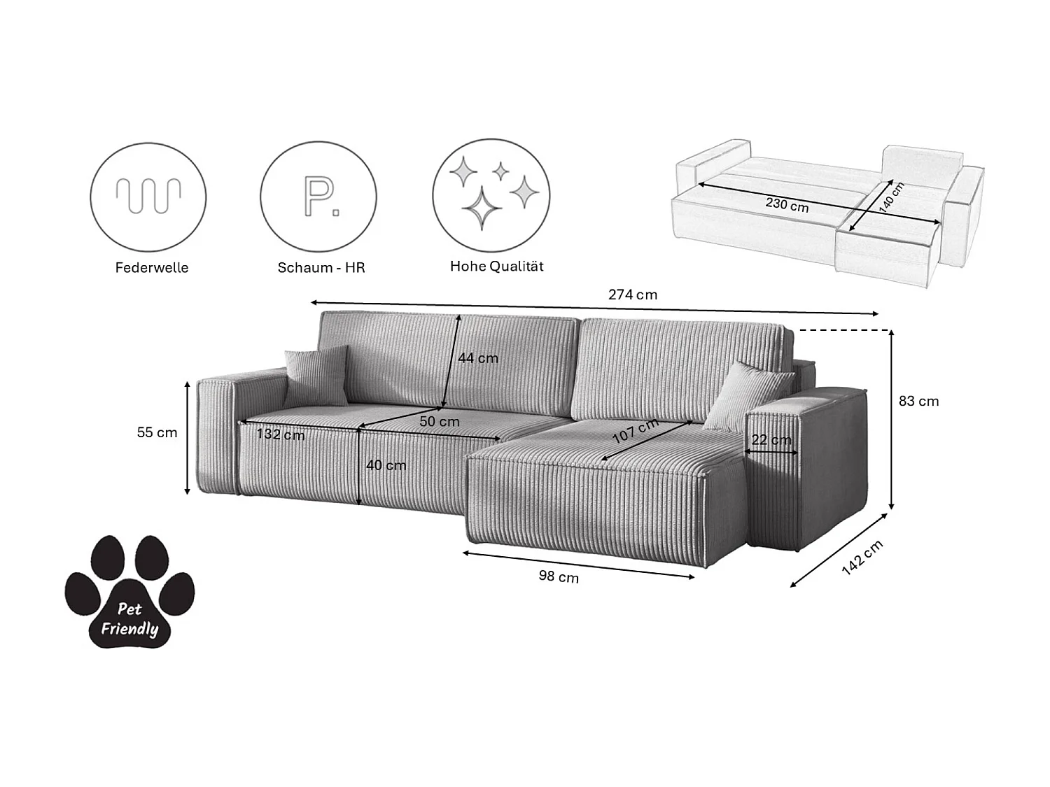 Canapé d’angle en L avec fonction couchage et coffre de rangement, tissu Poso velours côtelé épais, Gris, Droite, BEST XL