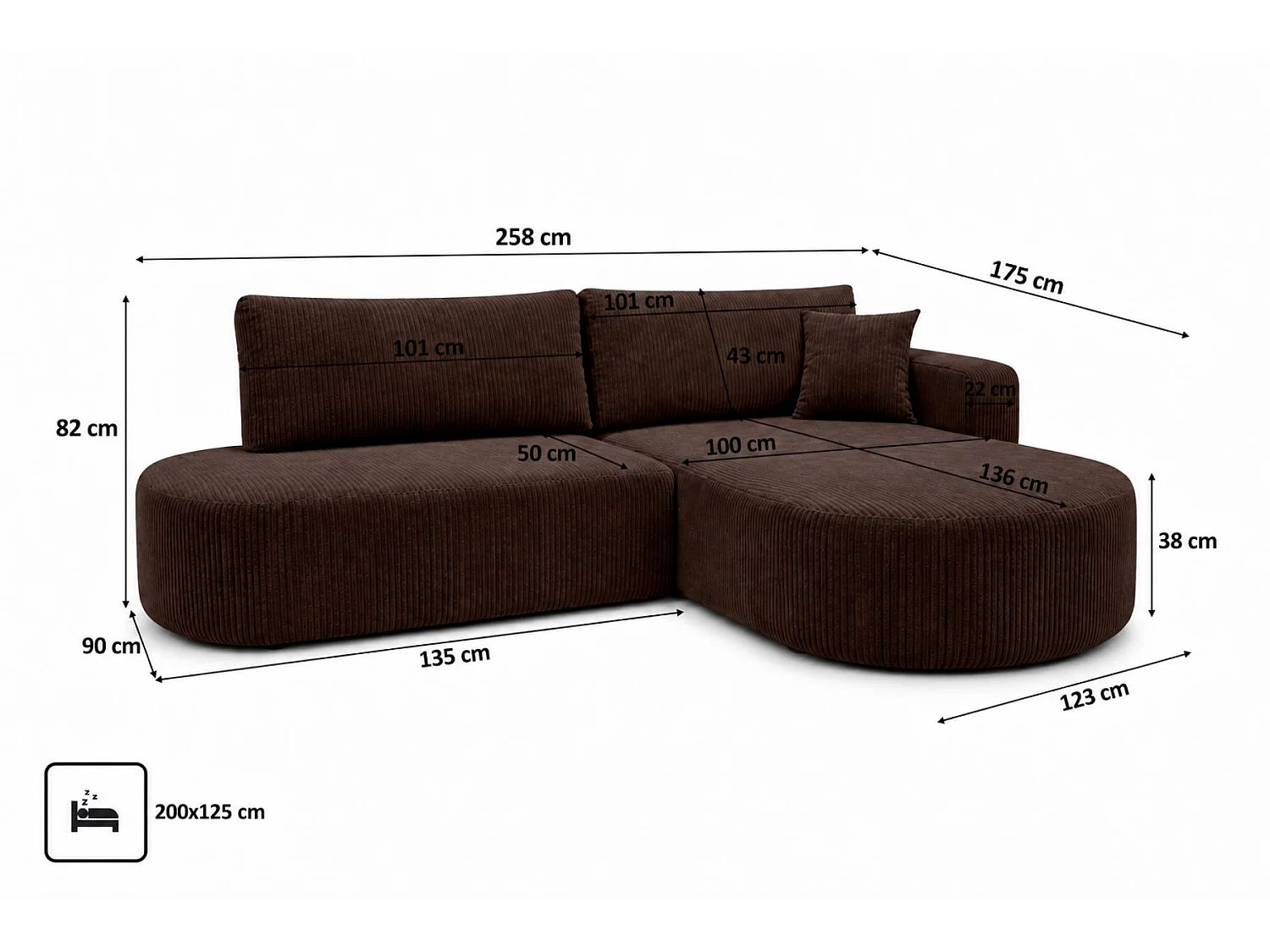 Canapé d'angle droit convertible 4 places avec coffre en tissu côtelé marron ONE
