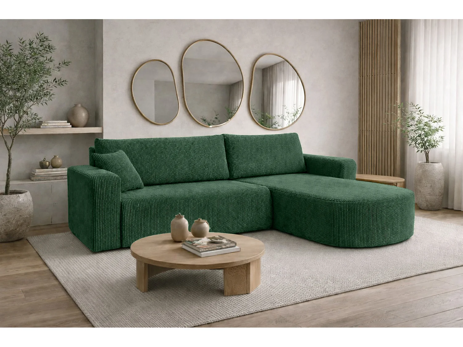 Hoekbank met slaapfunctie, koordstof Poso, Groen, Rechts, ROUND ONE XL