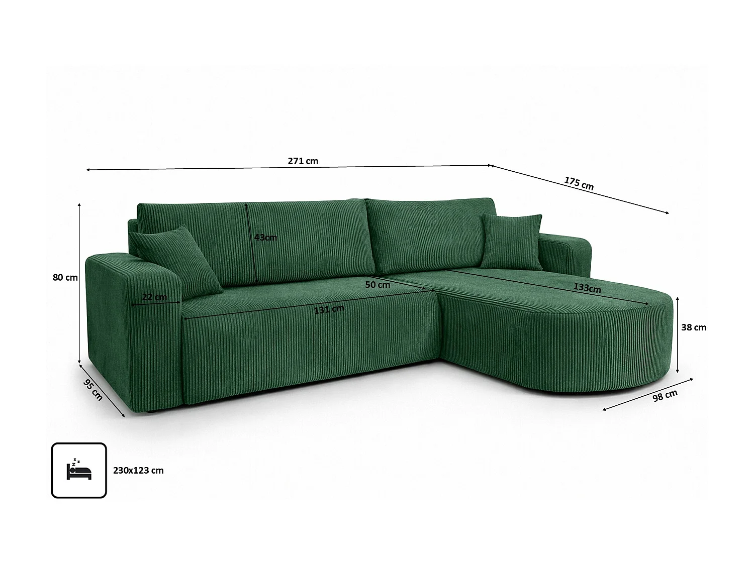 Hoekbank met slaapfunctie, koordstof Poso, Groen, Rechts, ROUND ONE XL