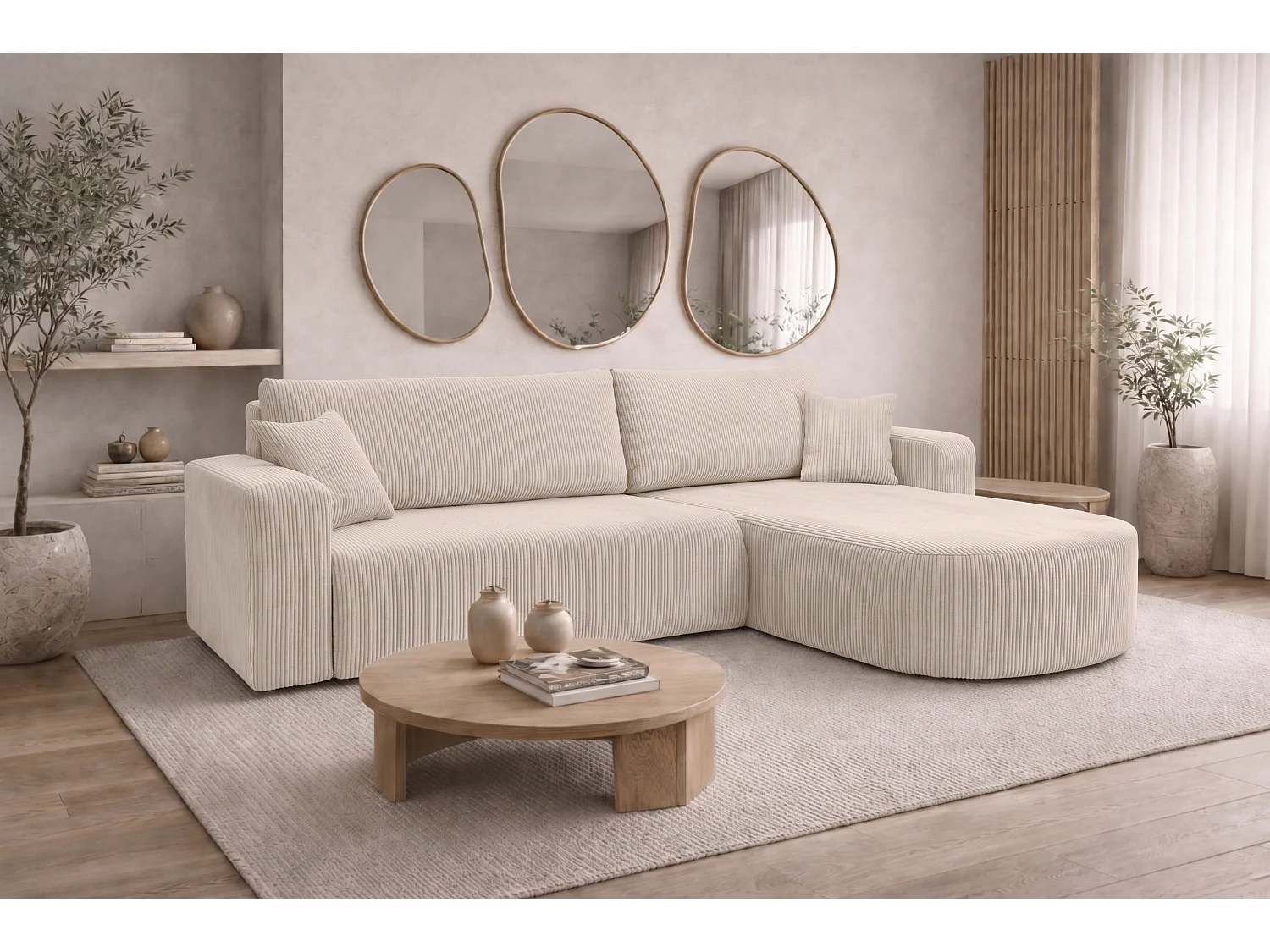 Ecksofa mit Schlaffunktion, Cordstoff Poso, Beige, Rechts, ROUND ONE XL