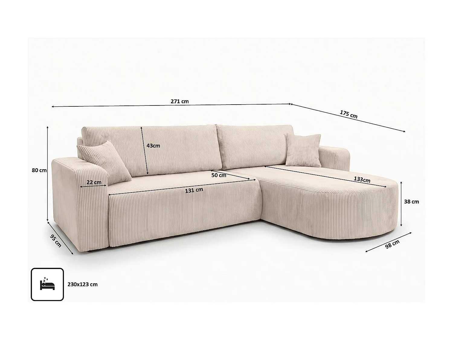 Ecksofa mit Schlaffunktion, Cordstoff Poso, Beige, Rechts, ROUND ONE XL