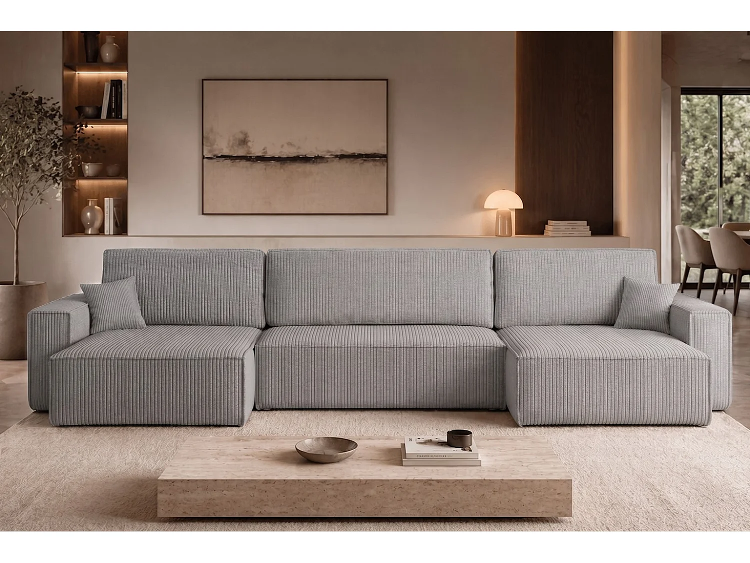 Canapé d’angle en U avec fonction couchage et coffre de rangement, tissu Poso velours côtelé épais, Gris, BEST U XL