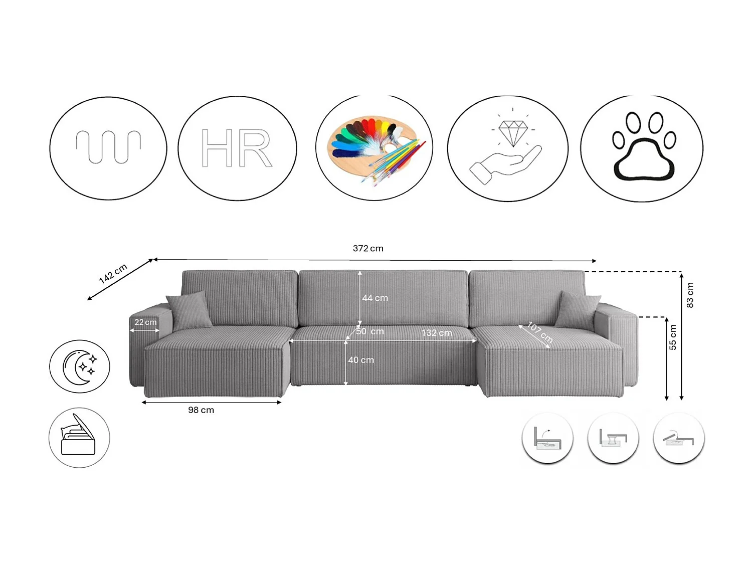 Canapé d’angle en U avec fonction couchage et coffre de rangement, tissu Poso velours côtelé épais, Gris, BEST U XL