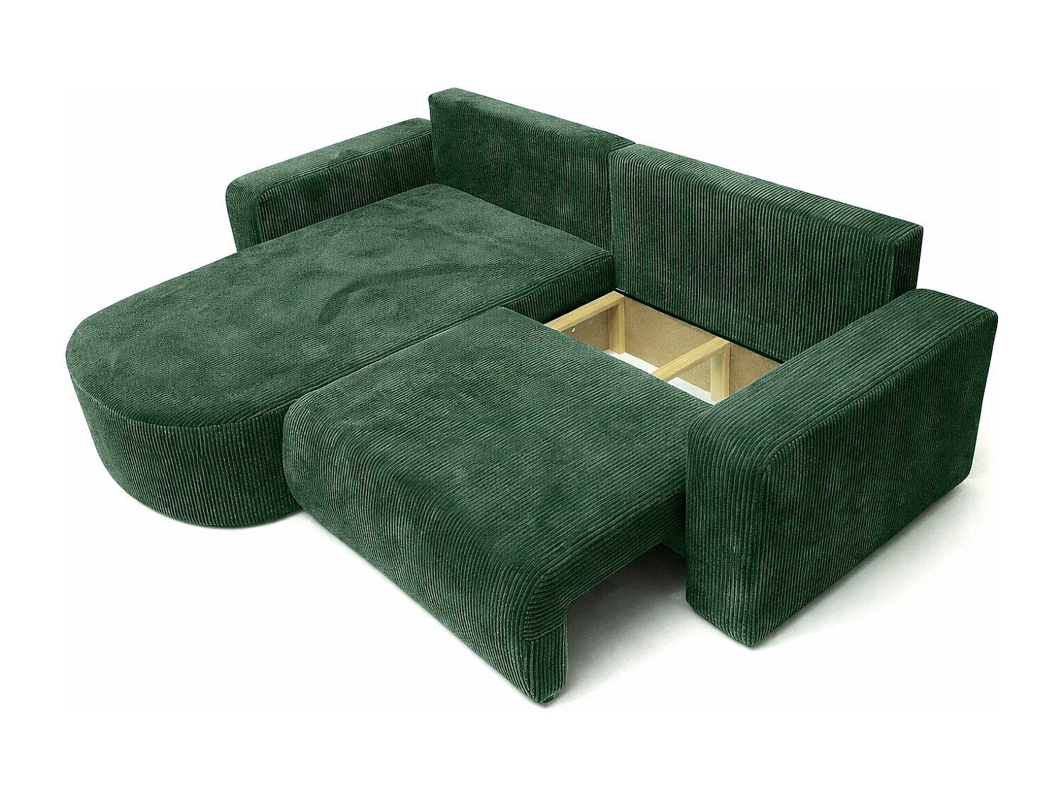 Canapé d’angle avec fonction couchage, tissu en velours côtelé Poso, Vert, Gauche, ROUND ONE
