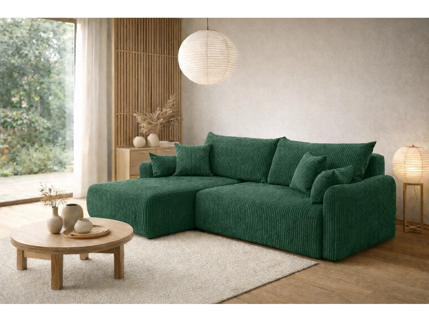 Canapé d’angle avec fonction couchage, tissu en velours côtelé Poso, Vert, Gauche, JAPANDI