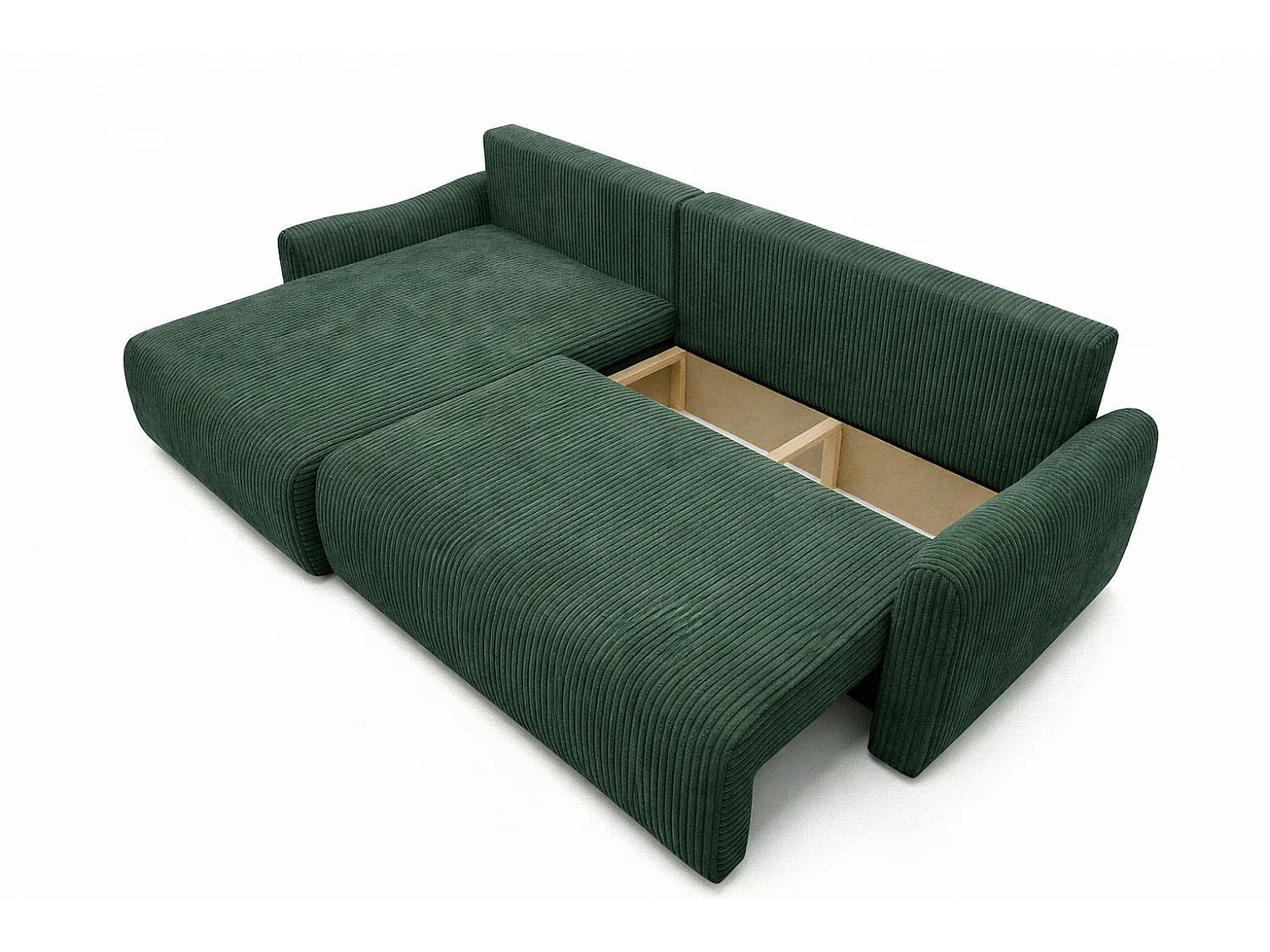 Canapé d’angle avec fonction couchage, tissu en velours côtelé Poso, Vert, Gauche, JAPANDI