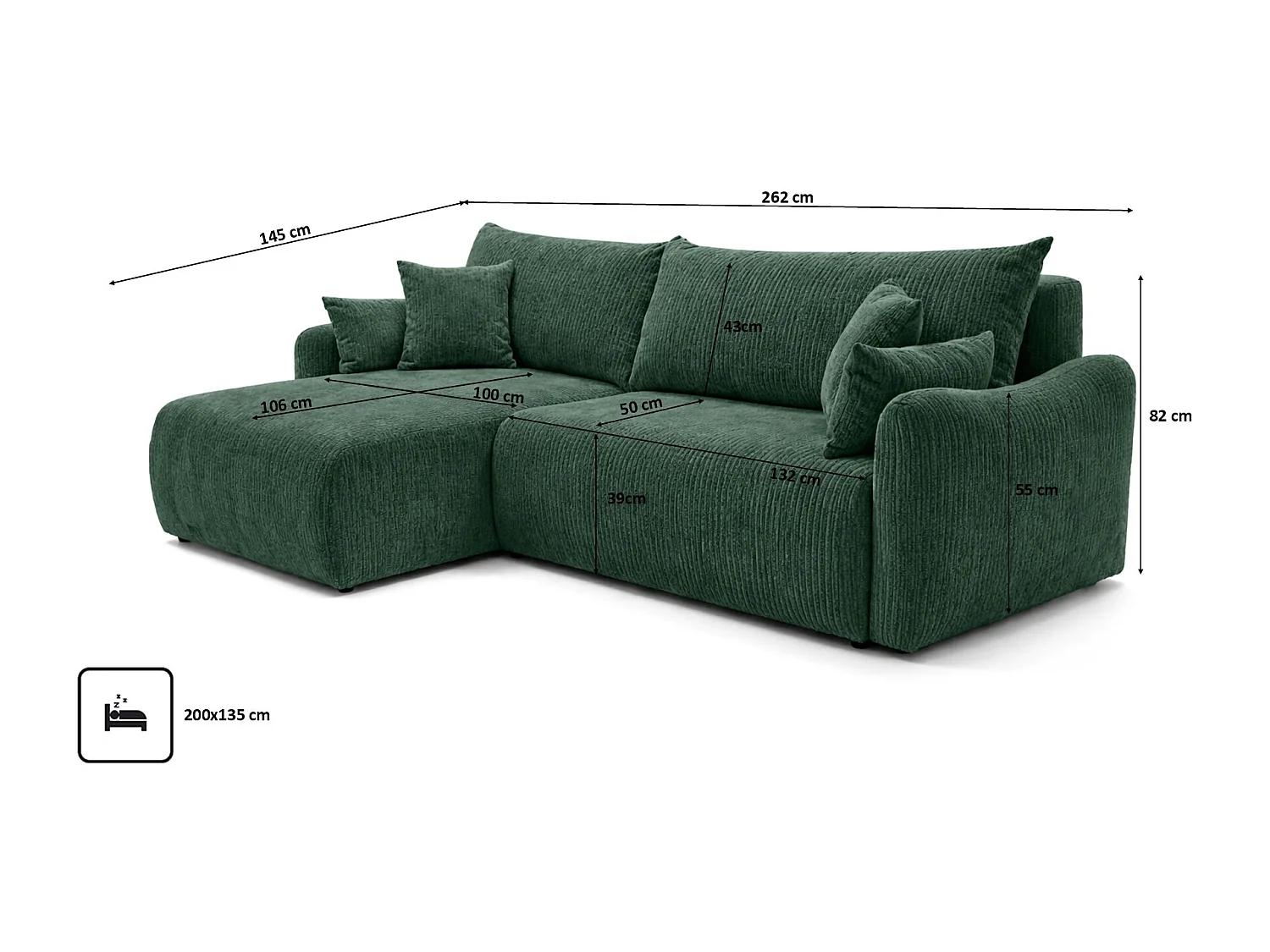 Canapé d’angle avec fonction couchage, tissu en velours côtelé Poso, Vert, Gauche, JAPANDI