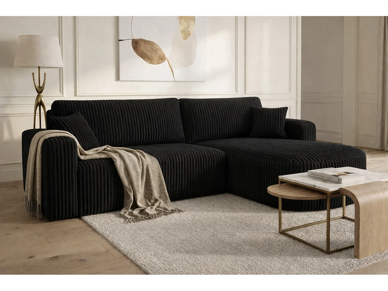 Canapé d’angle avec fonction couchage, tissu en velours côtelé Tilia, Noir, Droite, ROUND ONE XL