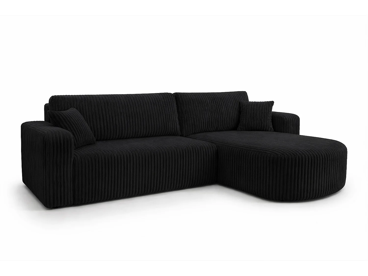 Canapé d’angle avec fonction couchage, tissu en velours côtelé Tilia, Noir, Droite, ROUND ONE XL