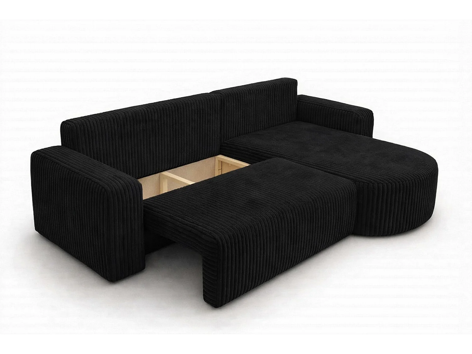 Canapé d’angle avec fonction couchage, tissu en velours côtelé Tilia, Noir, Droite, ROUND ONE XL