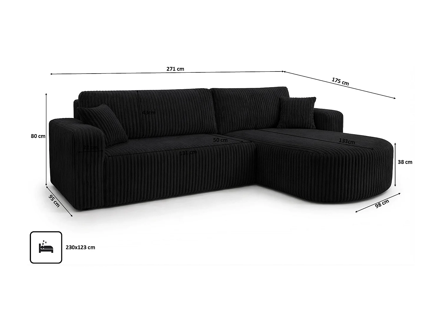 Canapé d’angle avec fonction couchage, tissu en velours côtelé Tilia, Noir, Droite, ROUND ONE XL