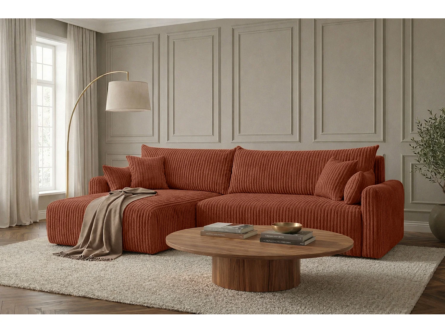 Canapé d’angle avec fonction couchage, tissu en velours côtelé Tilia, Cuivre, Gauche, JAPANDI