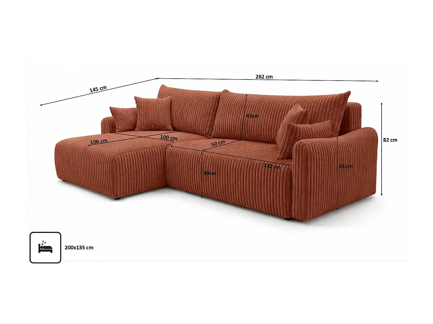 Canapé d’angle avec fonction couchage, tissu en velours côtelé Tilia, Cuivre, Gauche, JAPANDI