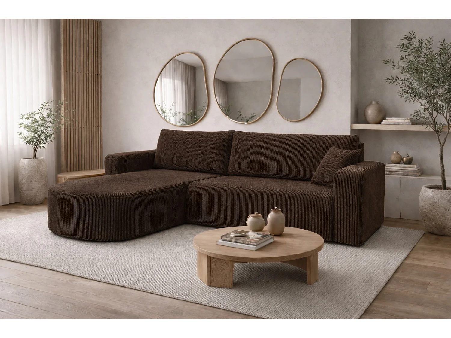 Hoekbank met slaapfunctie, koordstof Poso, Bruin, Links, ROUND ONE XL