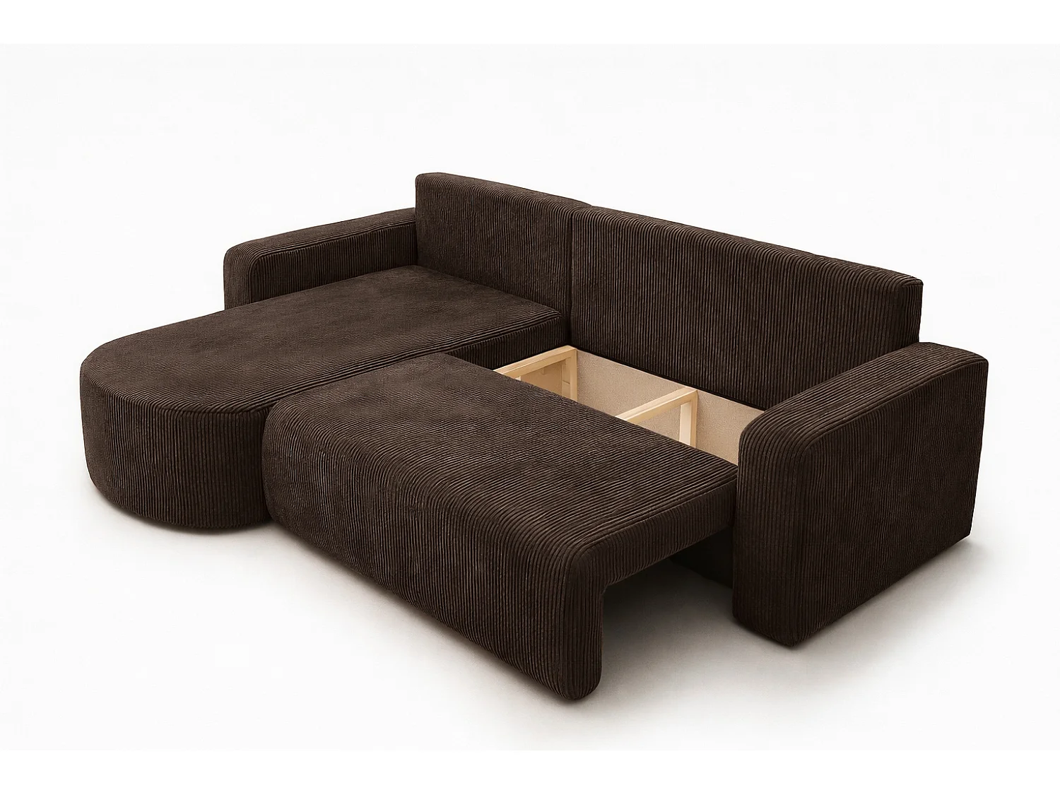 Hoekbank met slaapfunctie, koordstof Poso, Bruin, Links, ROUND ONE XL