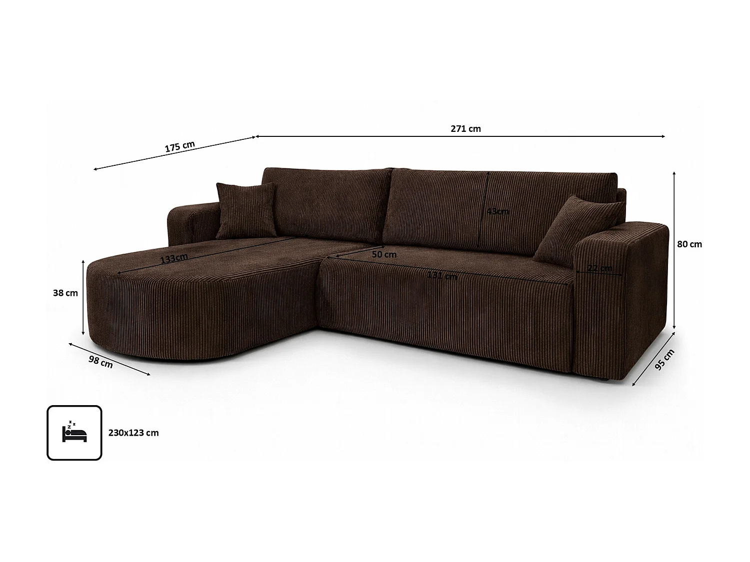 Hoekbank met slaapfunctie, koordstof Poso, Bruin, Links, ROUND ONE XL