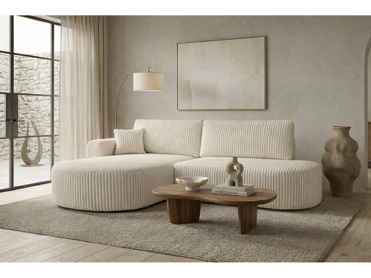 Hoekbank met slaapfunctie en opbergruimte, corduroy stof Tilia, Ecru, Links, ROUND ONE OPEN XL