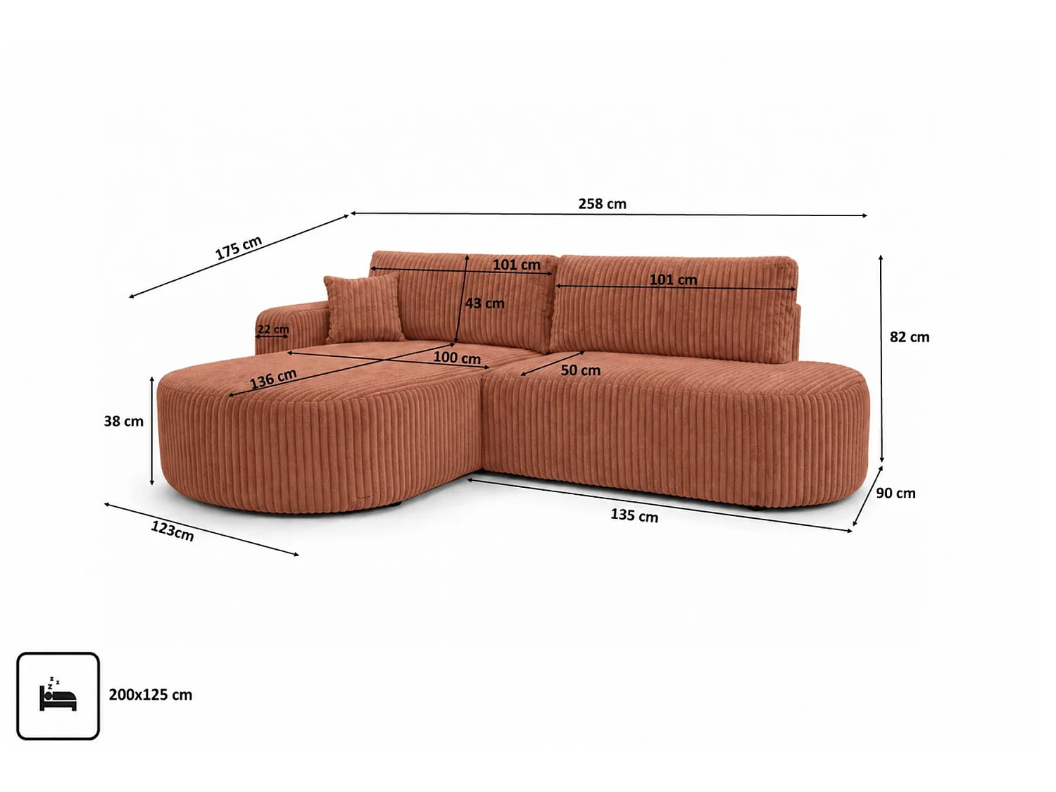 Canapé d'angle gauche convertible 4 places avec coffre en tissu côtelé vert ONE