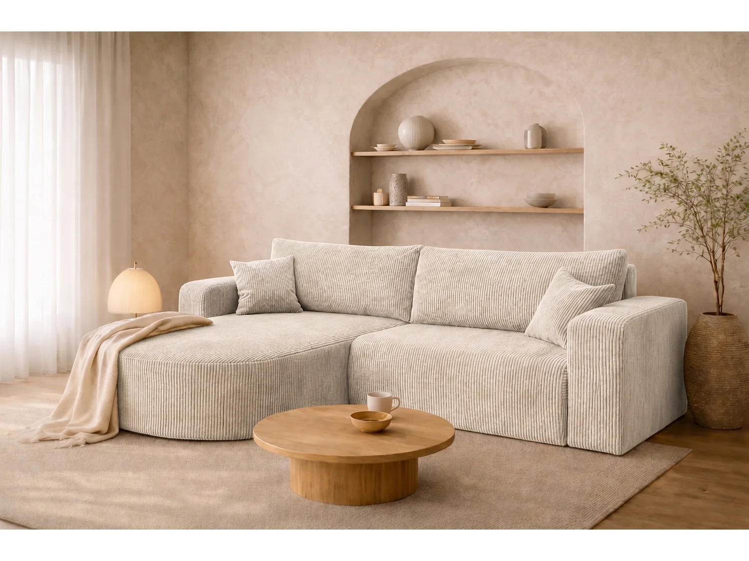 Hoekbank met slaapfunctie, koordstof Poso, Beige, Links, ROUND ONE