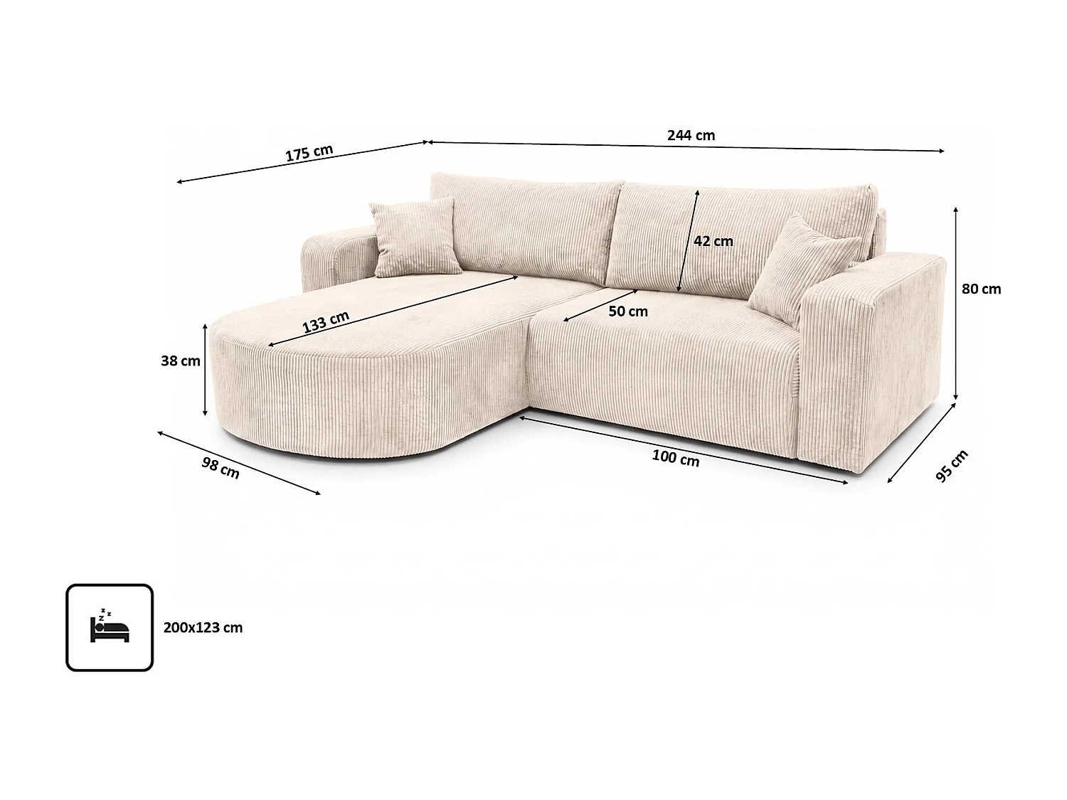 Hoekbank met slaapfunctie, koordstof Poso, Beige, Links, ROUND ONE